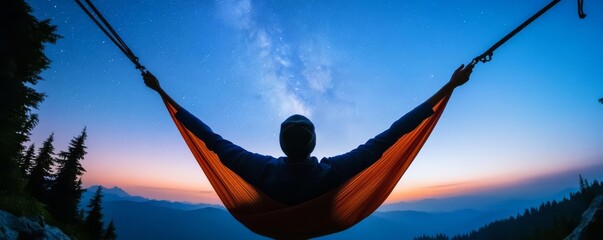 Solo adventurer in a hammock, looking up at the stars, camping stargazing, suspended under the universe