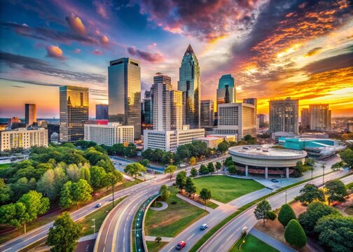Vibrant Charlotte cityscape at sunset featuring sleek skyscrapers, bustling streets, and the NASCAR Hall of Fame,