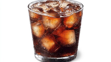 A refreshing glass of carbonated beverage filled with ice cubes placed on a table for enjoyment during a warm summer day
