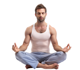 Calm young man meditating in lotus pose on transparent background