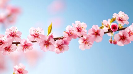 Obraz premium Detailed cherry blossom cluster on a branch, bright blue sky in background, on solid white background, single object