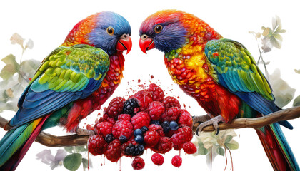 Obraz premium Two Parrots Known As Lorikeets Feasting on Berries Against a White Background