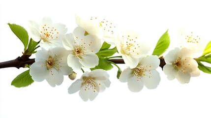 Obraz premium Detailed cherry blossom cluster on a branch, bright blue sky in background, on solid white background, single object
