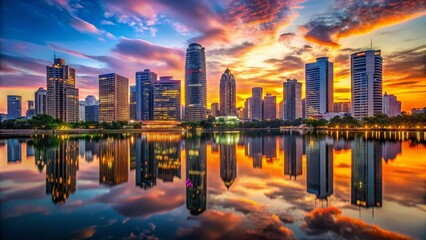 Fototapeta premium Vibrant cityscape at sunset with sleek skyscrapers, bustling streets, and neon lights reflected in a calm, glassy lake.