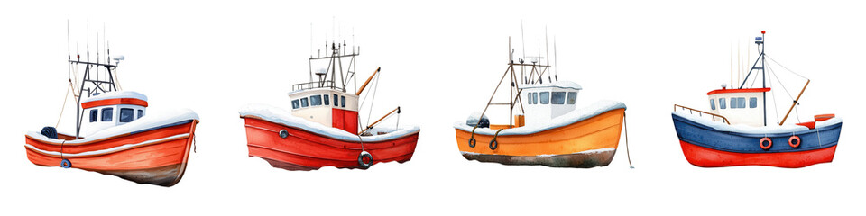 A collection of colorful fishing boats, showcasing unique designs and vibrant colors, ideal for maritime themes.