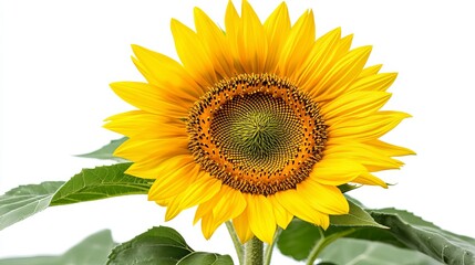 Detailed sunflower with bold yellow petals and green foliage, centered on a solid white background, ideal for seasonal or floral content.