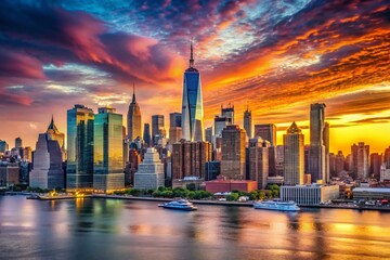 Obraz premium Vibrant cityscape of Manhattan's iconic skyline at sunset, featuring towering skyscrapers, bustling streets, and