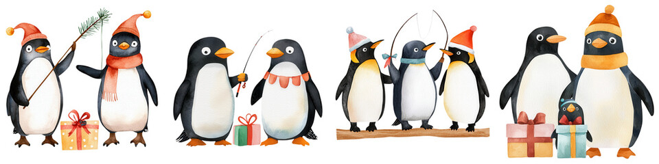 Festive penguins celebrate with gifts and hats, radiating joy and cheer during the holiday season.
