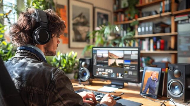 A tutor sits at a desk in a modern home office, teaching students online with a headset and computer