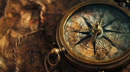 An old compass on a worn map showing Africa and Asia, Portugal, and Virginia, evokes adventure and nostalgia.