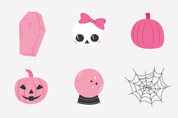 A set of pink elements for Halloween: a coffin, a skull with a bow, a pumpkin, a magic bullet. Trendy coquette style illustration.