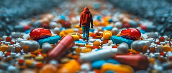 Obraz premium An artwork showing a man surrounded by colorful pills, creating a surreal atmosphere with a stark color contrast. The composition highlights a 3D effect.