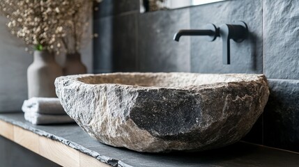 Close-Up of a Rough Stone Sink in a Boho-Style Bathroom - AI generated illustration