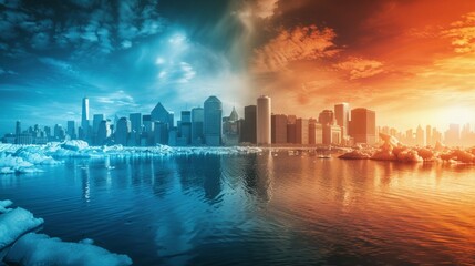 Fototapeta premium A city skyline divided by a sunset-colored sky on the left and a blue sky on the right, creating a contrast between icy and warm environments, evoking a tense atmosphere.