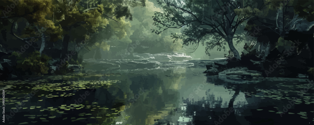 Poster A forest scene with a river and a tree