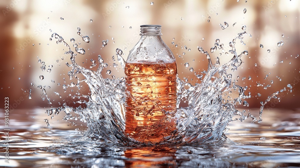 Poster water bottle splashes as it hits the surface, creating a dynamic display of droplets in a bright, re