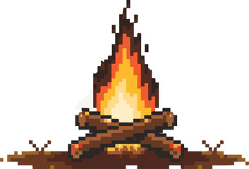 Pixelated campfire icon pixel art on white isolated background, vector design.