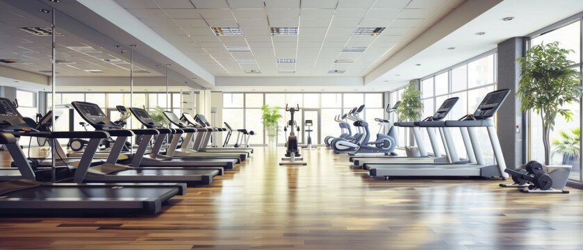A modern gym with natural light, treadmills, exercise bikes, and plants. Clean, well-equipped space ready for users. - Powered by Adobe