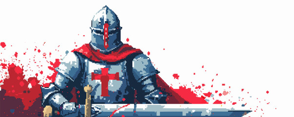 Pixelated knight icon pixel art on white isolated background, vector design.
