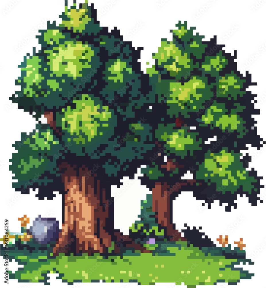 Poster two trees are standing in a grassy field. the trees are green and have leaves. the grass is also gre