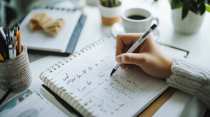 Close-up of a hand writing in a notebook on a desk with coffee and plants.