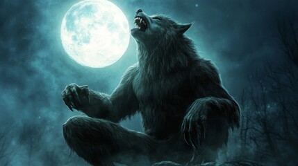 A Werewolf Howls at the Full Moon in a Night Sky