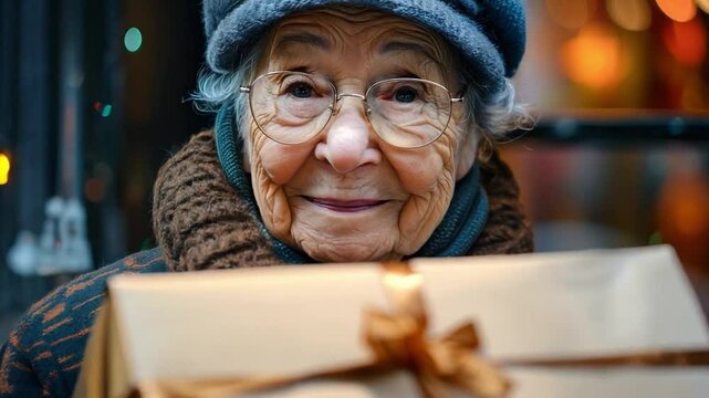 An elderly woman gratefully accepts a nicely wrapped package from a kind delivery person by her front gate