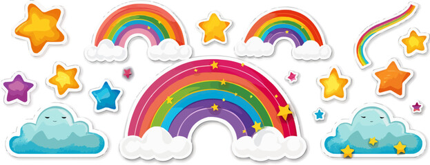 Cheerful rainbow stickers set with colorful arcs, clouds, and stars, perfect for adding a pop of color to any project, flat stickers set, vector illustration.