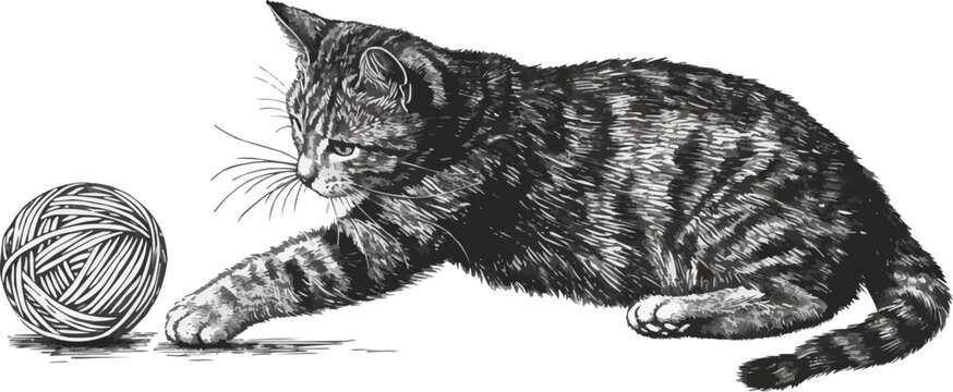 Cat playing with a ball of yarn sketch engraving vector illustration. Scratch board imitation. Black and white image. Vector illustration