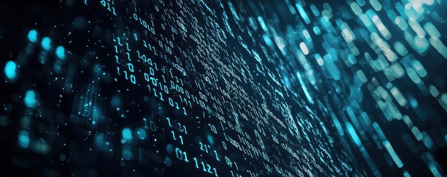 Futuristic digital data matrix background with binary code. Abstract technology concept in blue tones.