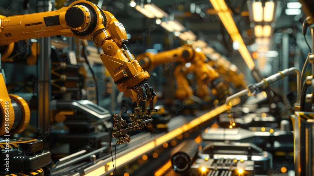 Poster robotic arms working on assembly line in factory. concept of artificial intelligence for industrial 