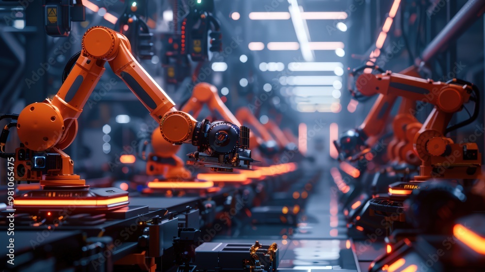 Poster robotic arms working on assembly line in factory. concept of artificial intelligence for industrial 