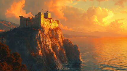 Fototapeta premium A vast ocean surrounds a medieval stronghold on a steep cliff, bathed in golden sunlight, Realism, Oil painting, Warm tones, High-detail textures, Dynamic shadows