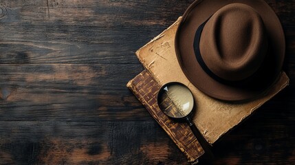 Elegant Detective-Themed Flat Lay with Old Book, Magnifying Glass, and Hat AI generated illustration