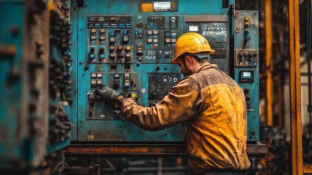 factory worker operating control panel showing industrial machine adjustment and production system concept
