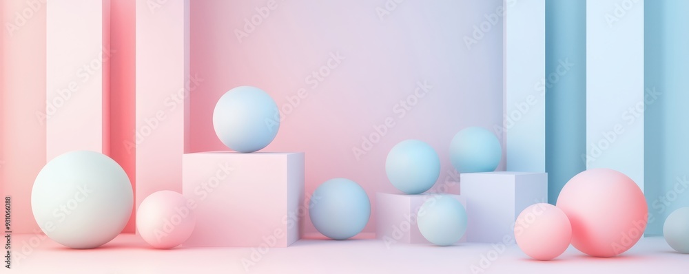 Poster abstract 3d scene with pastel colored spherical shapes placed on geometric platforms, combining soft