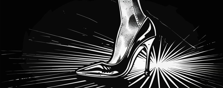 Classic pin-up stiletto heel with intricate patterns, vector illustration, pin-up style, imitation of a scratch board, black and white image.