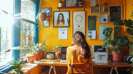 A tutor conducts an online lesson from a colorful home office, with educational posters and a laptop