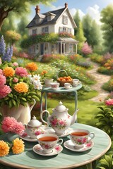 a picture of a paradise garden and a table with a teapot and cups