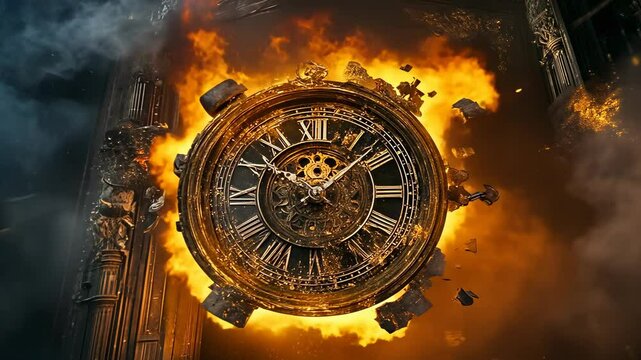 A large, vintage clock is tragically engulfed in flames amidst an intense fire. The fiery explosion highlights the clock's intricate design, with golden embers and sparks igniting the night.