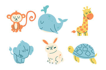 Obraz premium Set of kawaii animal characters whale, giraffe, turtle, rabbit, elephant, monkey