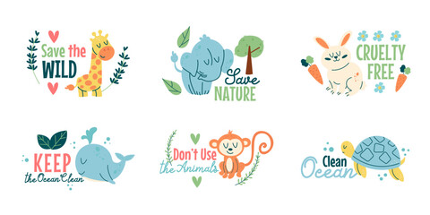 Set of cute eco animal characters with eco lettering