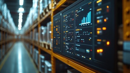 Advanced automated mobile robot interface displayed prominently in a warehouse environment