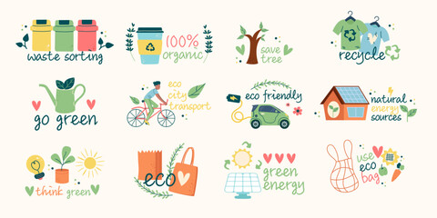 Set ecology, bio labels badges letterings elements