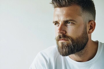 Obraz premium Close-up of bearded man in profile, portrait for men's hair care and grooming products