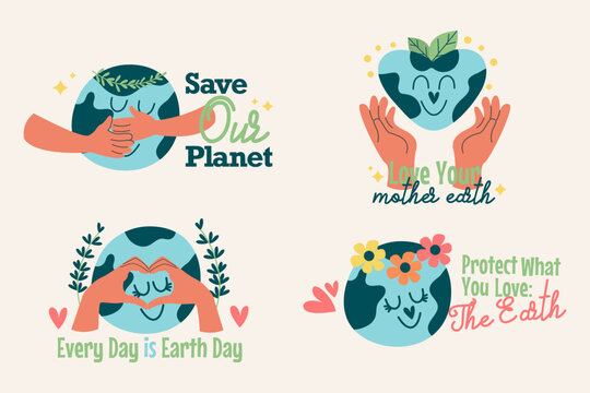 Set of kawaii characters planet earth eco friendly letterings