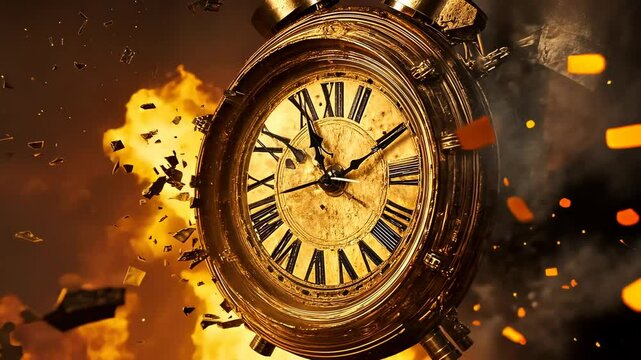 In a dramatic scene, an ancient clock explodes against a fiery background. Fragments of the clock and debris fly in all directions, highlighting intense action and destruction. Night setting adds a