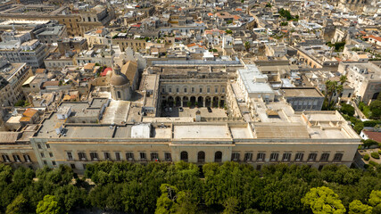 Aerial view of the Basilica of Santa Croce in Lecce, Puglia, Italy. It is a church in the historic...