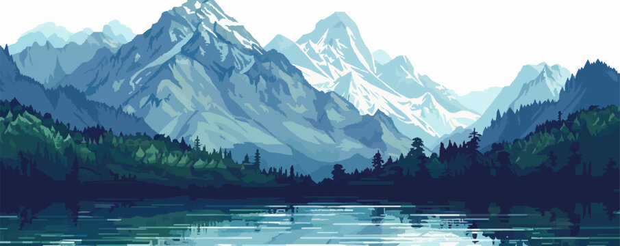 Craft pixel art of a serene mountain range, pixel art on white isolated background, vector design.