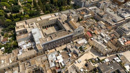 Aerial view of the Basilica of Santa Croce in Lecce, Puglia, Italy. It is a church in the historic...
